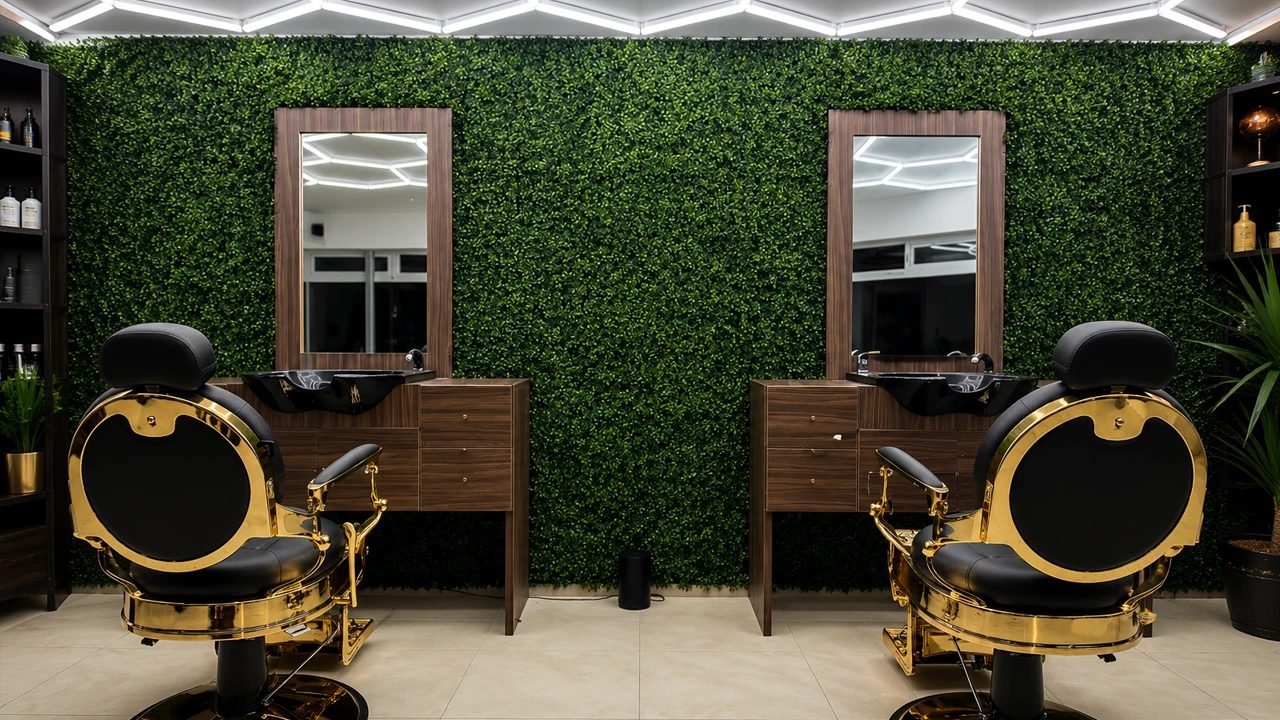 Interior de Style Barber Studio: sillones dorados y muro verde